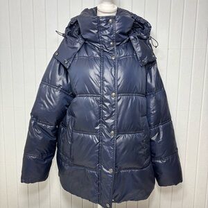 MASSIMO DUTTI Hooded Puffer Jacket Navy Blue Size L